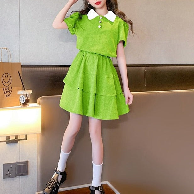 ポロシャツ風トップス＋スカート＋リボン髪飾りセットアップ02157