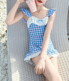 【新作早割4/28まで】【数量限定キャップ付】サマーブルーチェックリボンスイムウェア02846