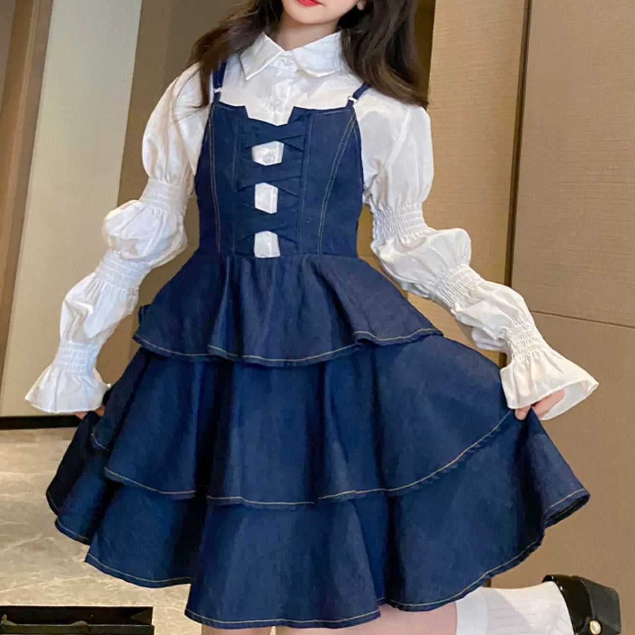デニムキャミワンピース フリル フレアマキシ 韓国系 g4087 デニムワンピース レディース 韓国 ファッション キャミ ロング