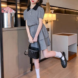 ポロシャツ風トップス＋スカート＋リボン髪飾りセットアップ02157